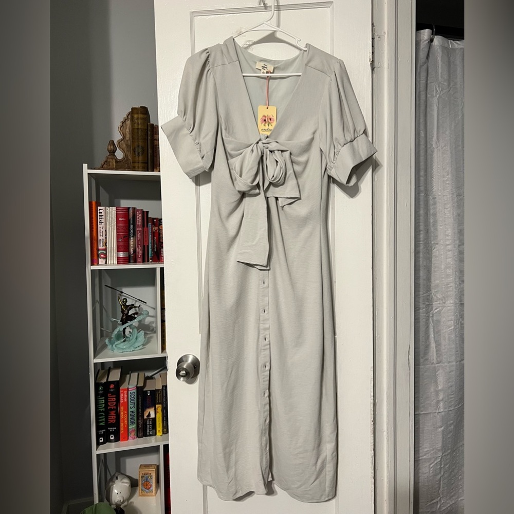 Light Blue Midi Dress with Puff Sleeves